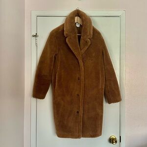 GAP Teddy Sherpa Coat – Long Camel Brown Faux Shearling, Size Small